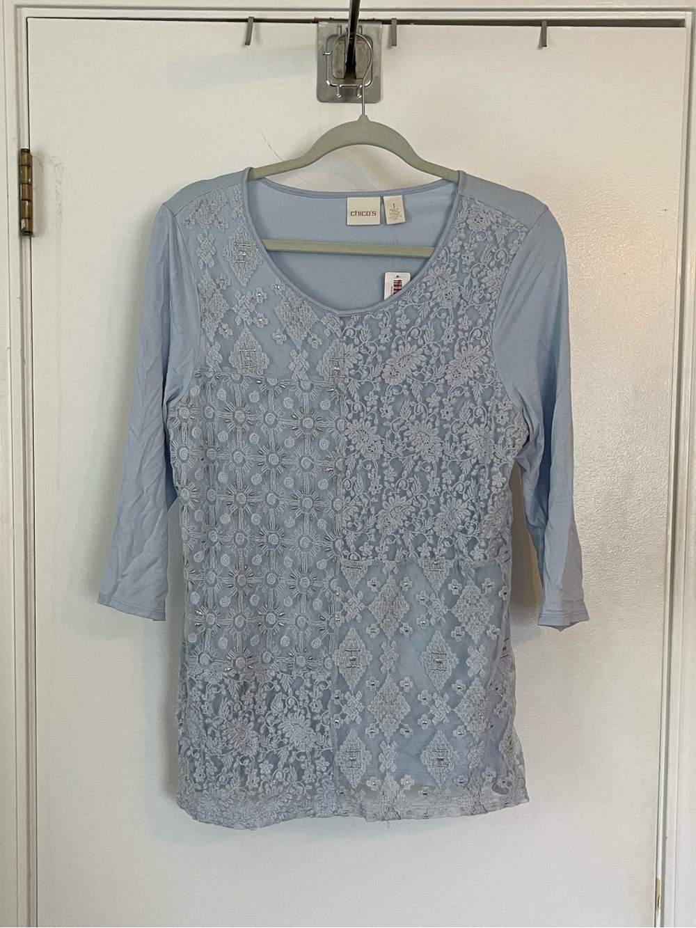 NWT Chico's Light Blue Lace Tonal Patchwork Top